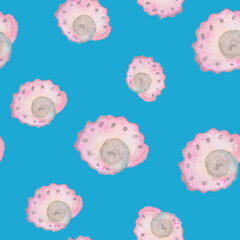seashell Galactella lactea seamless pattern isolated on blue background watercolor illustration base for textile design, stickers, cards, banners.
