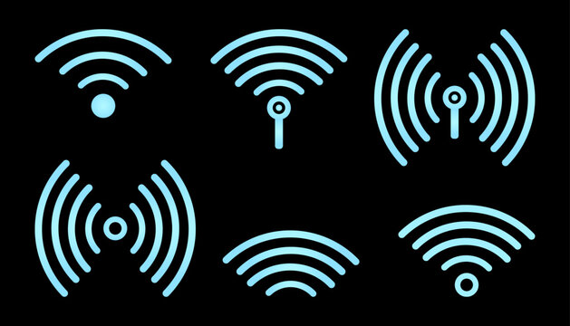  Wi-Fi Blue Wireless signal. Sensor Symbol of neon glow effect. Icon Set of Wireless sound wave. Technology Internet router, Sonar sound. Vector isolated illustration.