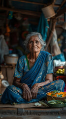 Elderly Indian Woman in Traditional Sari at a Market Stall