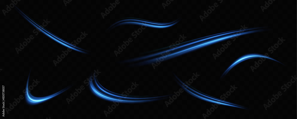 Poster Abstract light lines of speed movement, blue colors.Neon glowing curves.Abstract motion.Neon lines of blue speed. Dynamic traces.