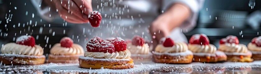 A chef baking pastries, focus on, dessert creation theme, whimsical, fusion, patisserie backdrop