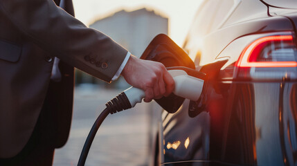 Lades&auml;ule in der Stadt f&uuml;r Elektromobilit&auml;t, elektromobilit&auml;t, ladestation, aufladen, zukunft, nachhaltig, umweltfreundlich, business mann, mann, laden, ladestation, auto, elektrofahrzeug, elektroauto