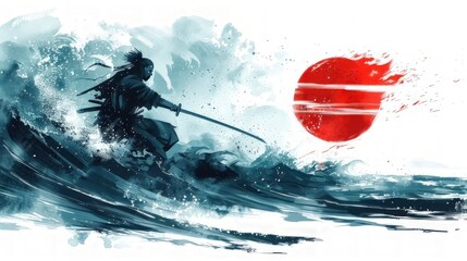 Japanese warrior attire wields a sword, facing off against the ocean. A towering wave and a red circle representing the rising sun complete the scene, making it suitable for diverse design purposes
