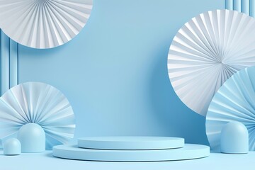 A blue background with white paper fans and a blue pedestal