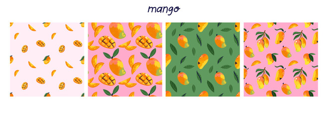 Mango seamless pattern. Abstract exotic tropical fresh fruit. Healthy juice. Botanical element. Decor textile, wrapping paper, wallpaper design. Print fabric, vector cartoon minimalistic illustration