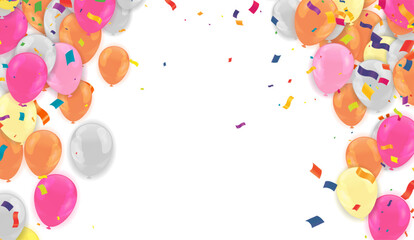 Colorful balloons and confetti on transparent background. Vector illustration.