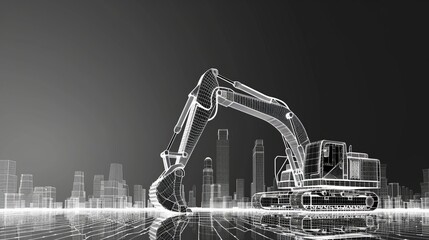 Simplified silhouette of an excavator truck in wireframe, capturing the essence of construction machinery (focus on) theme, heavy-duty work whimsical Blend mode city skyline