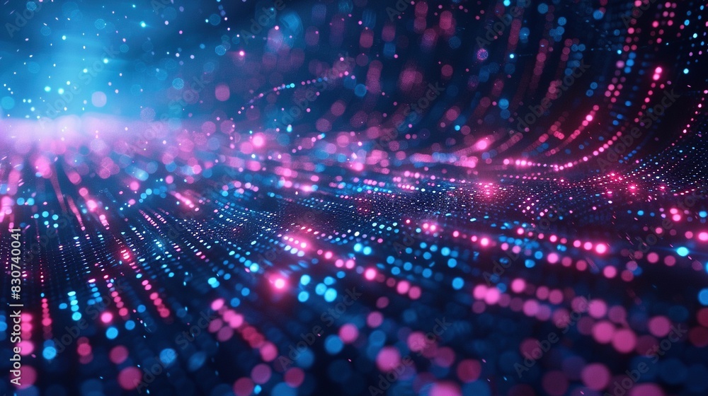 Poster Flowing waves of blue and pink dots of light 3d rendering image. Digital abstract background wallpaper colorful realistic. Data visualization concept idea, backdrop horizontal