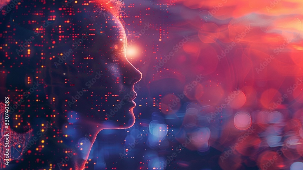 Poster woman profile surrounded by bright red lights and bokeh effect image copy space. digital vibrant ban
