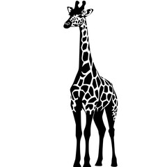 Naklejka premium Silhouette of a Standing Giraffe, Black and white silhouette of a giraffe standing tall, showcasing its distinctive patterned coat and long neck.
