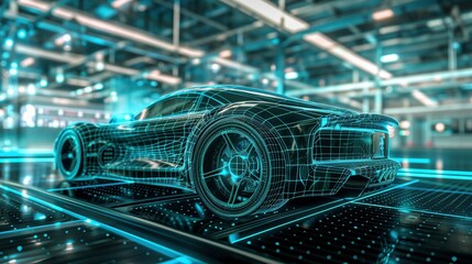Sports car wireframe vehicle image. Advanced automotive engineering and innovation photography scene wallpaper. Futuristic environment. Data visualization concept photorealistic photo