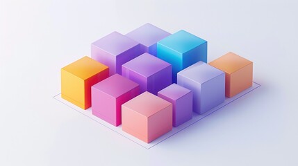 Fototapeta premium Minimalistic pastel cubes arranged in geometric formation 3d rendering image. Artistic shapes on white background wallpaper colorful realistic. Data visualization concept idea, backdrop