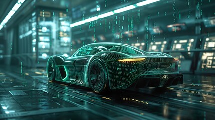 Futuristic sports car with digital green wireframe overlay image. Cutting-edge automotive technology photography scene wallpaper. Data visualization concept photorealistic photo