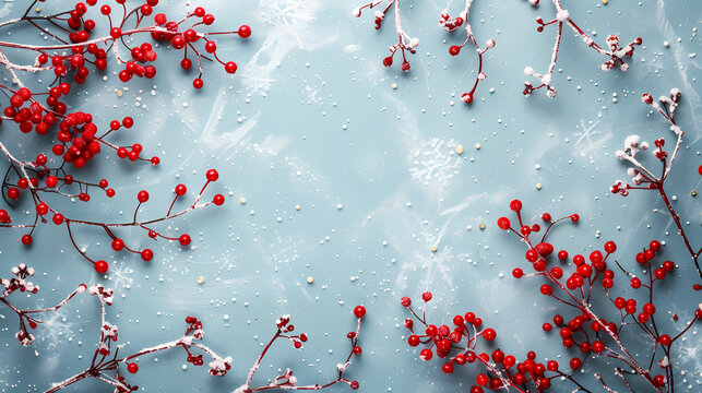 Beautiful light blue Christmas background with red berries and snowflakes. New Year's composition with decorations for Happy New Year. 