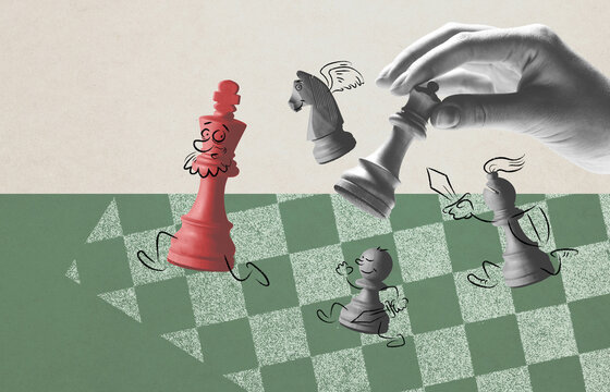 Funny cartoon chess pieces on the chessboard, vintage style poster