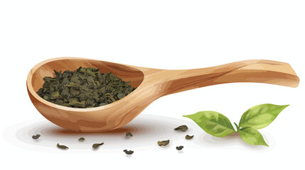Wooden scoop with dry green tea leaves on white background