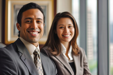 Smiling business man and woman of different races indoors