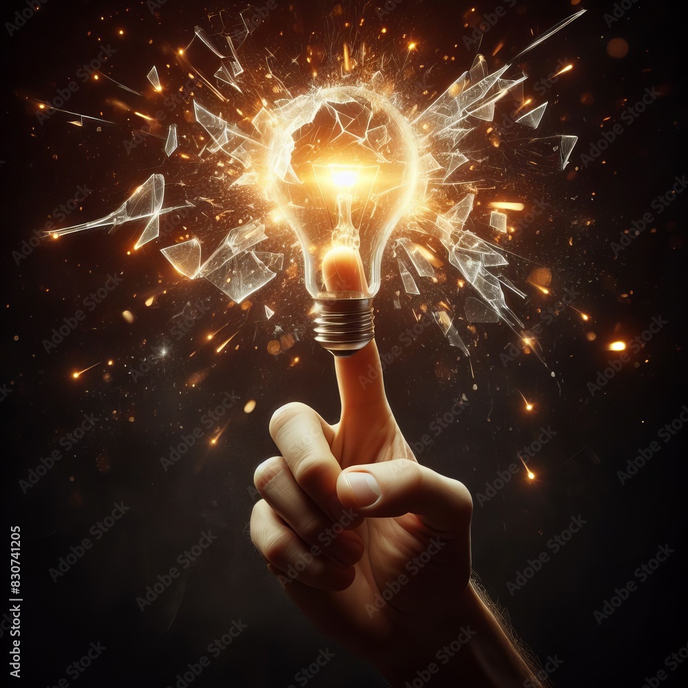 Poster dramatic image of a hand holding a light bulb as it explodes into sparks and shards, symbolizing cre