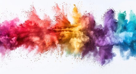 Fototapeta premium Colorful powder explosion isolated on white background, rainbow color palette, rainbow colors --ar 125:68 --stylize 250 Job ID: 4991132a-6ebb-4762-88bc-c3397c9160ff