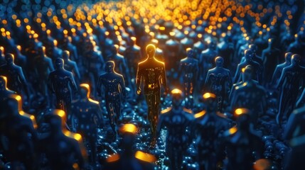 The leader of the business team guides the movement toward the goal, with a crowd of blue figures following the gold-colored leader in a 3D rendering
