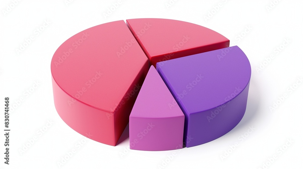 Poster piechart with four segments in red and purple shades 3d rendering image. smooth, minimalist backgrou