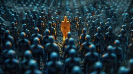 Obraz premium The business team leader leads the way towards the goal, with a group of blue figures following the gold-colored leader in a 3D visualization 