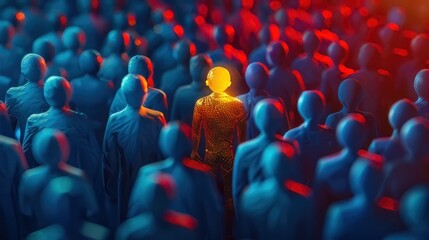 Obraz premium The business team leader leads the way towards the goal, with a group of blue figures following the gold-colored leader in a 3D visualization 