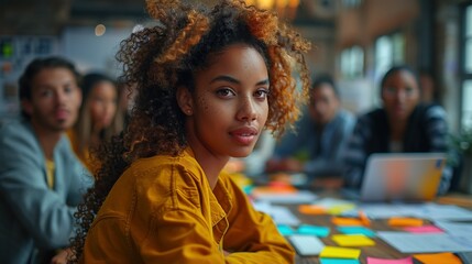 Obraz premium Black woman sits confidently in collaborative workspace image. Diverse work environment photography scene wallpaper. Teamwork, innovation. Data visualization concept photorealistic photo
