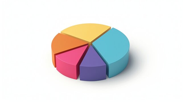 Minimalistic colorful pie chart with five segments 3d rendering image. Effective data presentation background wallpaper realistic. Data visualization concept idea, backdrop horizontal