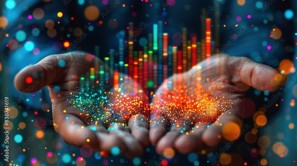 Poster hands cupping colorful digital particles and glowing graph closeup image. digital transformation clo