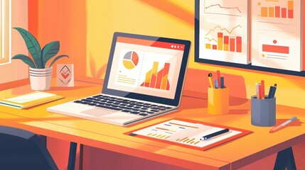 Workspace with laptop displaying charts and graphs 2D illustration. Office supplies and plant flat cartoon image colorful scene horizontal. Data visualization wallpaper background art