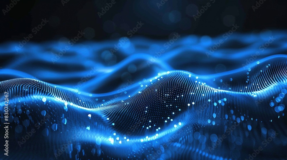 Poster abstract digital waves of blue light 3d rendering image. glowing dots against dark background wallpa