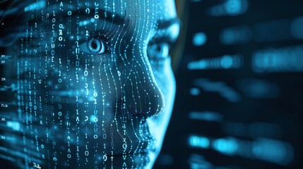 Woman face with glowing blue binary code closeup image. Data streams overlaid female close up photography marketing. Futuristic digital. Data visualization concept photo realistic
