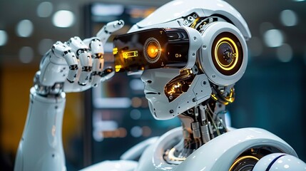 Fototapeta premium Futuristic humanoid robot with virtual reality headset image. Robot glowing yellow lights photography scene wallpaper. Advanced technological appearance concept photorealistic photo