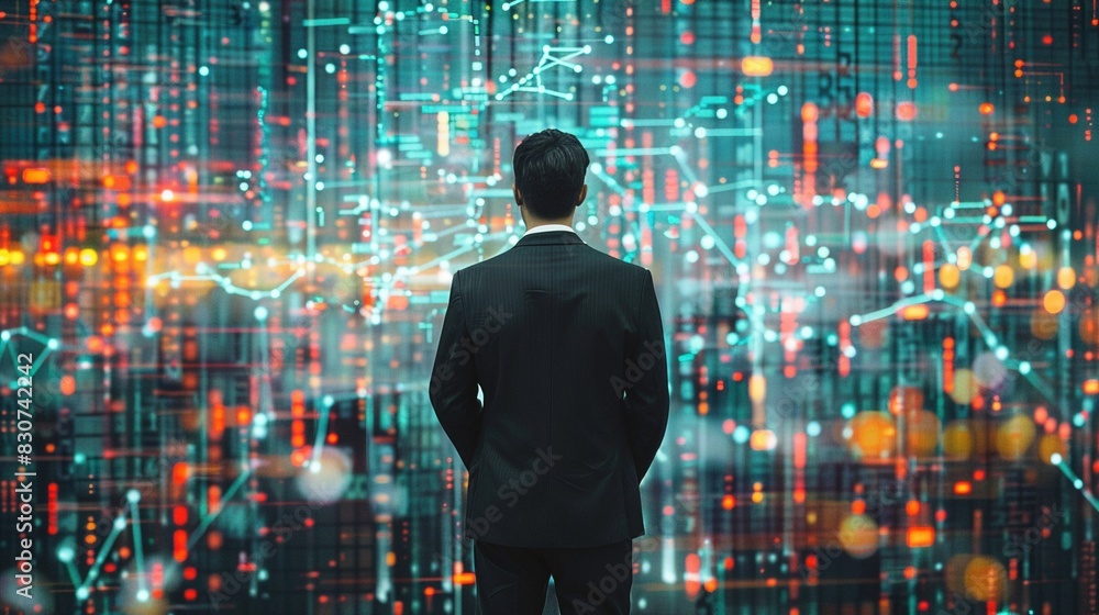 Poster businessman in front of digital wall with dynamic data visualizations image. analytical work. corpor