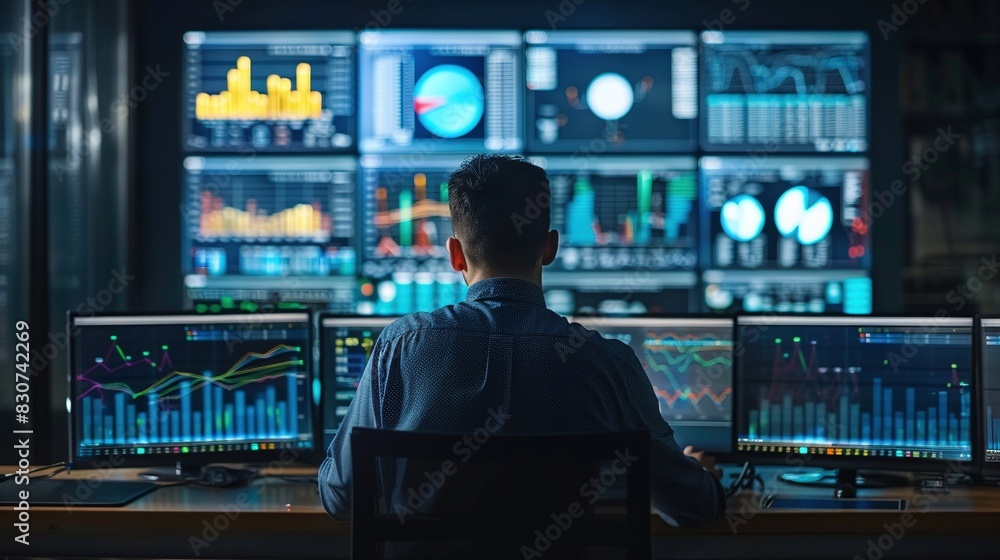 Poster man sits at desk surrounded by multiple monitors with charts image. trading activities. dark modern 