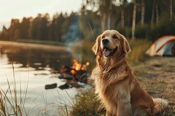 Golden Retriever Playing by a Lake: A golden retriever happily playing near a serene lake at a...