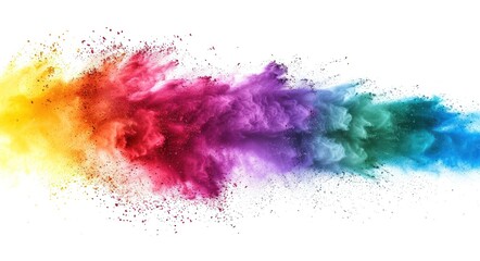 A colorful explosion of powdery dust is strewn across a white background
