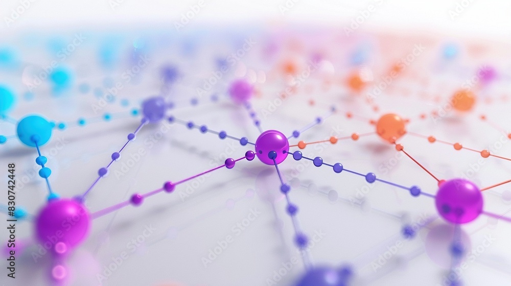 Poster abstract network with interconnected nodes 3d rendering image. purple, orange, blue molecular struct