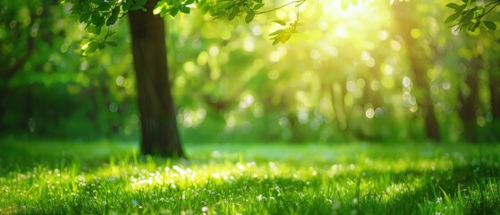 A serene and beautiful spring natural background features defocused green trees in a forest or park, with wild grass and sunbeams filtering through the foliage