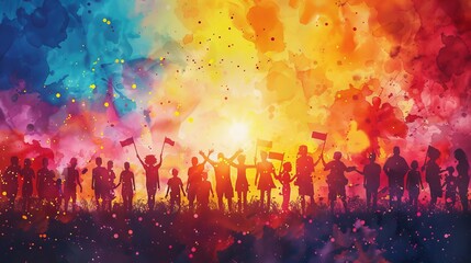 Embracing Freedom: Joyful Juneteenth Celebration in Watercolor Splashes with Community Gathering and African American Flags
