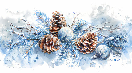 Original composition of branches, cones and Christmas balls for the design of a postcard or invitation. 