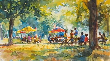 Vibrant Juneteenth Family Picnic Watercolor Scene with BBQ, Playful Children, and African American Flags