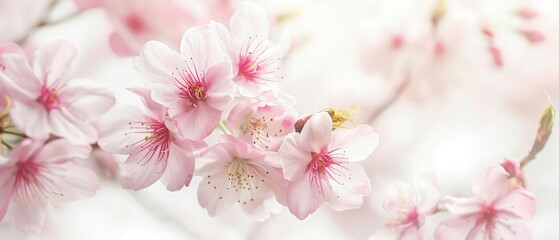 pink cherry blossom flowers against a white backdrop, soft, airy composition with selective focus creates a serene and dreamy atmosphere, highlighting the ethereal beauty of the blossoms