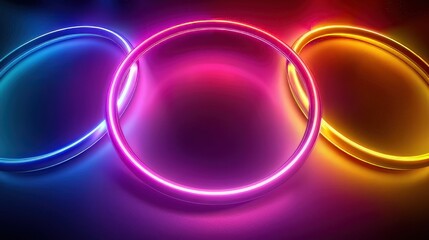 Obraz premium Vivid neon rings in shades of purple, yellow, and pink illuminate the international sports games, serving as an abstract symbol background to celebrate the first-place finish 
