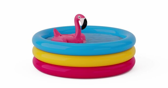 4k Resolution Video: Summer Swimming Pool Inflantable Rubber Pink Flamingo Toy Floating  in Blue Rubber Inflatable Childrens Pool on a white background with Alpha Mate
