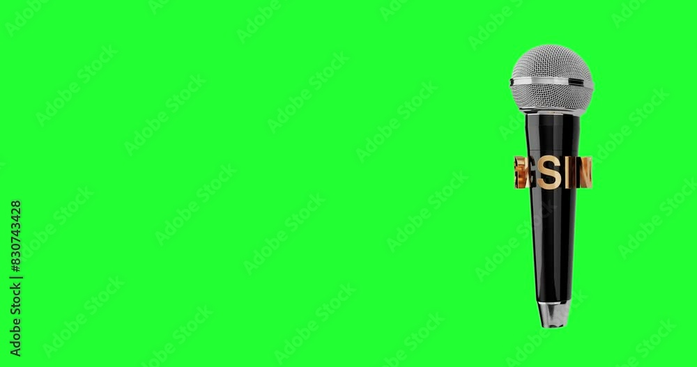 Poster 4k resolution video: modern microphone with sing sign seamless floating on a green screen background