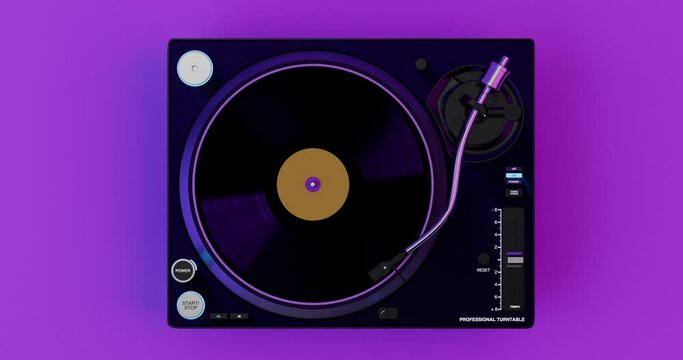 4k Resolution Video: Professional DJ Turntable Vinyl Disk Record Player Turning Disk Seamless on a Purple Background with Alpha Mate