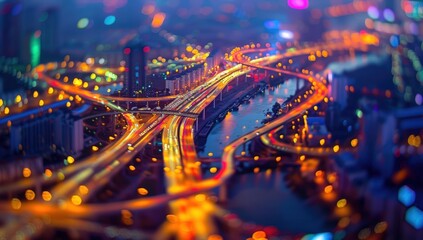 Aerial view of city at night with highway network, long exposure shot, tiltshift effect.