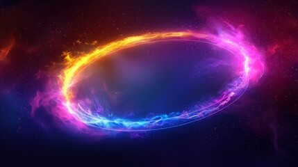 Obraz premium The vibrant neon rings, in hues of purple, yellow, and pink, cast a radiant glow over the international sports event, creating an abstract symbol to commemorate the victorious first-place finish 